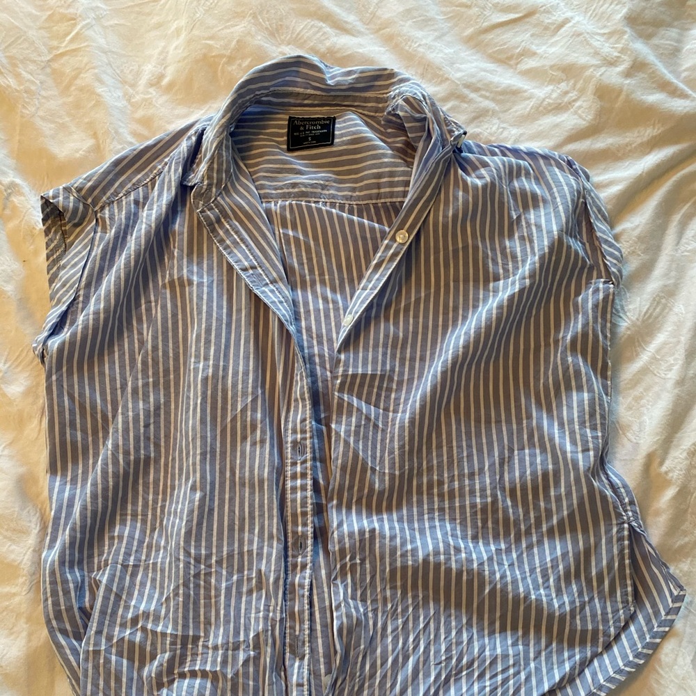 Blue and white striped button up blouse